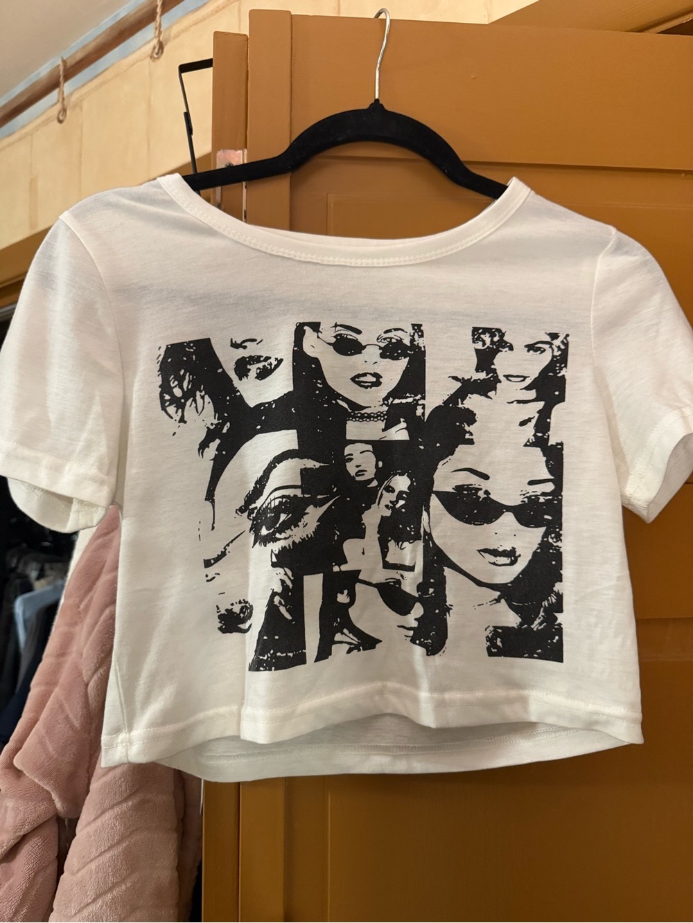 White Graphic Cropped Tee with Black Print - Women